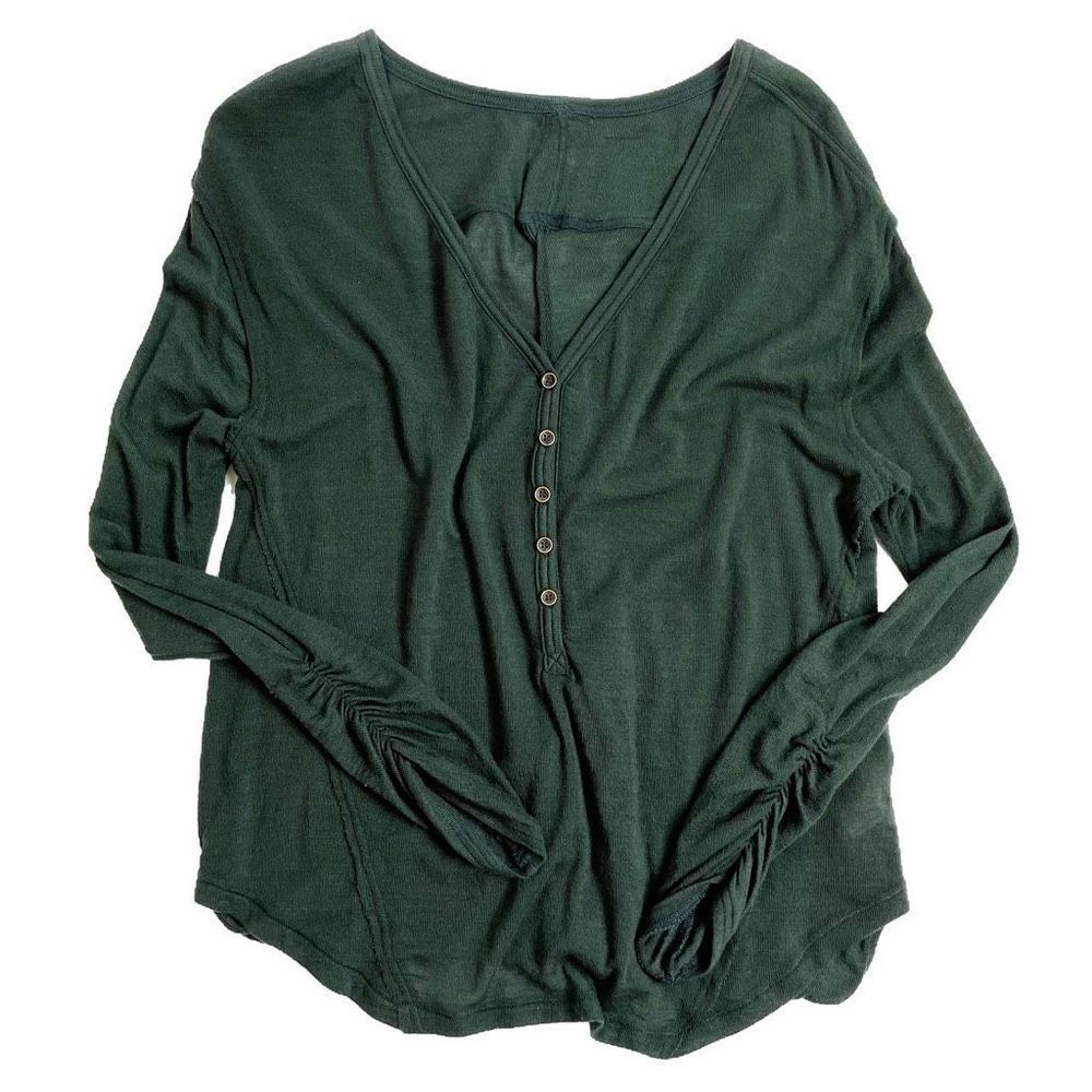 We The Free People Henley Keyhole Open Back Top Long Sleeve Deep Green XS NWOT